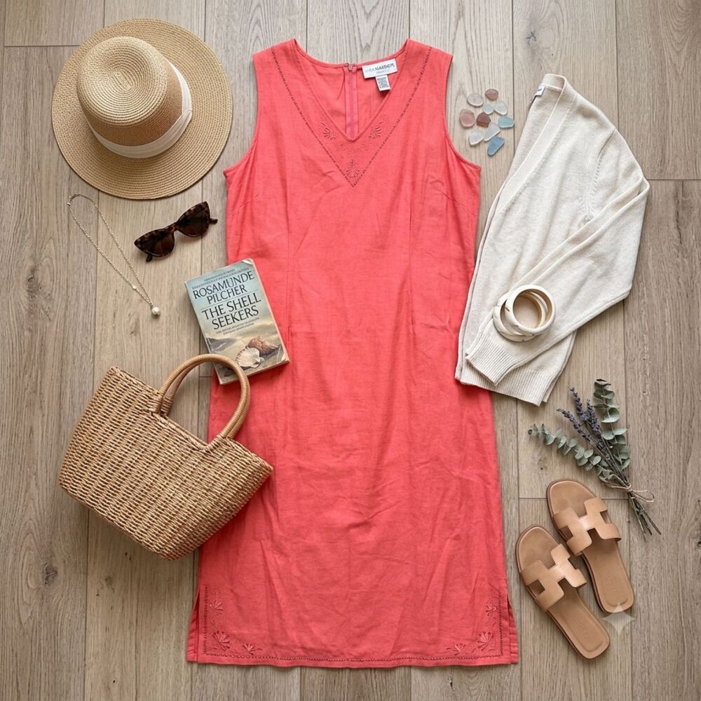Sag Harbor Woman Vintage Linen Blend Beaded Embroidered Maxi Dress Coral Plus 22